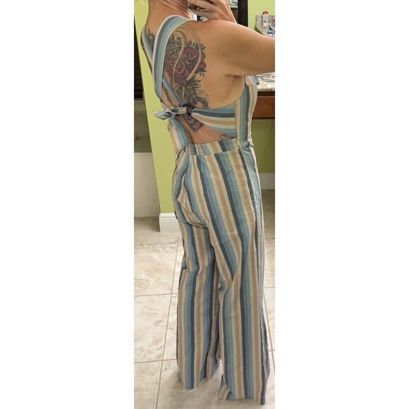 Knot Sisters Lana Jumpsuit linen blend small natural blue stripe zipper side - Picture 4 of 10